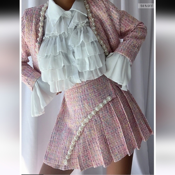 Set Chanelish Le Rose Pink Tweed Jacket And Skirt - Picture 7 of 16